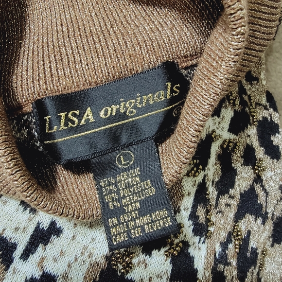 Lisa Originals Animal Print Gold Black Cream Beaded Knitted Blouse Top Sz L - Picture 10 of 14